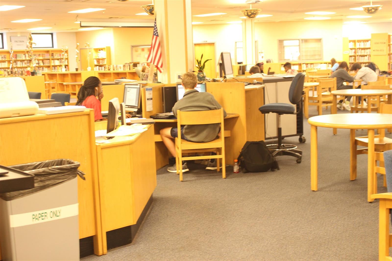 Our circulation desk and computer carols